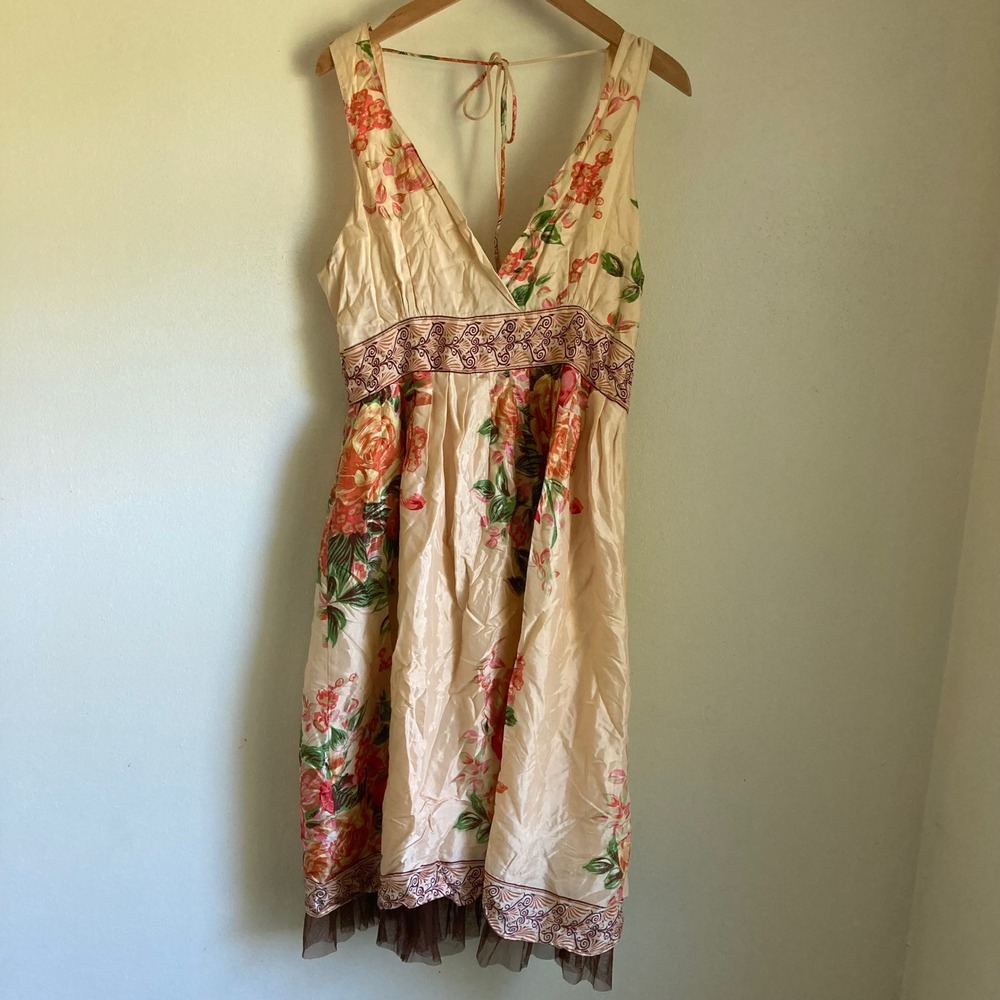Pura Vida Floral Halter Midi Dress Cream Orange Boho Tulle Trim Size 6